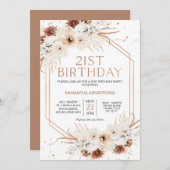 Roos Gold Geometric Boho Floral 21-jarig feest Kaart (Voorkant / Achterkant)