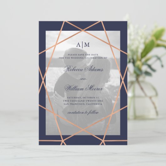 Roos Gold Geometric en Midnight Blue | Foto Save The Date (Staand voorkant)