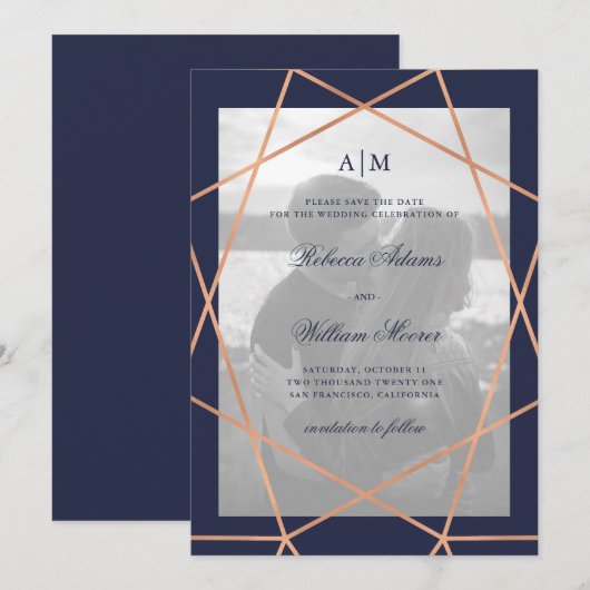 Roos Gold Geometric en Midnight Blue | Foto Save The Date (Voorkant / Achterkant)