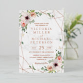 Roos Gold Geometric Floral Bohemian Pink Wedding Folie Uitnodiging (Staand Voorkant)