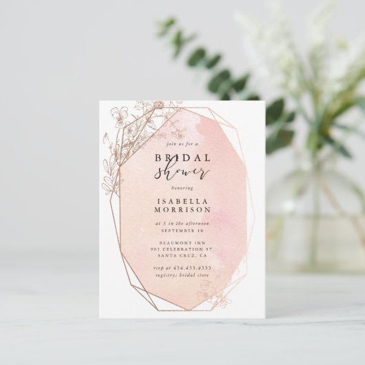 Roos Gold Geometric Floral Vrijgezellenfeest Uitnodiging Briefkaart (Staand voorkant)