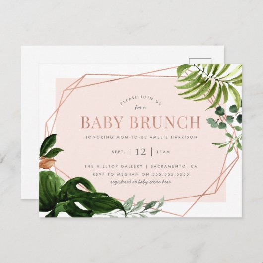 Roos Gold Geometric Greenery Baby Brunch Uitnodiging Briefkaart (Voorkant / Achterkant)