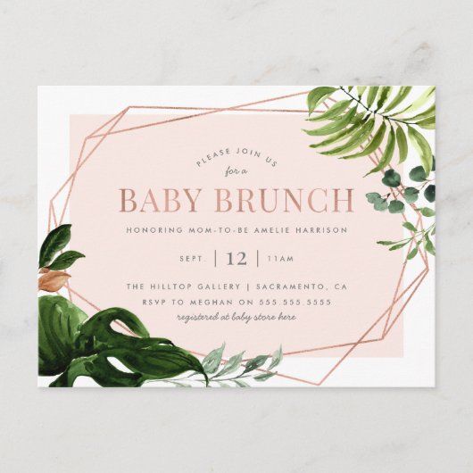 Roos Gold Geometric Greenery Baby Brunch Uitnodiging Briefkaart (Voorkant)