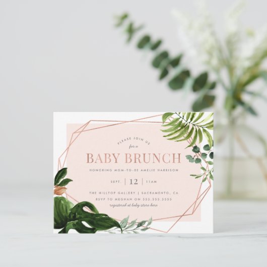 Roos Gold Geometric Greenery Baby Brunch Uitnodiging Briefkaart (Staand voorkant)