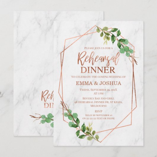 Roos Gold Geometric Greenery Rehearsal Dinner Kaart (Voorkant / Achterkant)