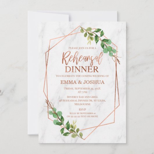 Roos Gold Geometric Greenery Rehearsal Dinner Kaart (Voorkant)