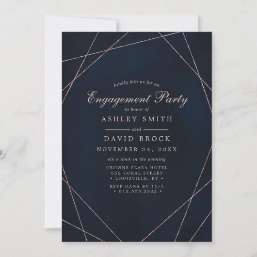 Roos Gold Geometric Midnight Blue Engagement Party Kaart (Voorkant)