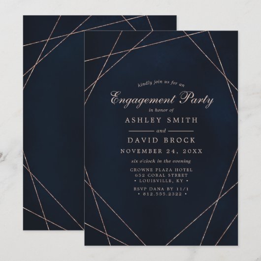 Roos Gold Geometric Midnight Blue Engagement Party Kaart (Voorkant / Achterkant)