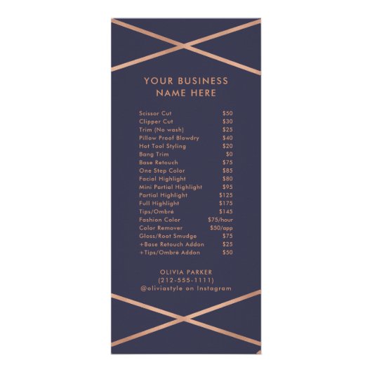 Roos Gold Geometric op Midnight Blue | prijslijst Reclamekaart (Voorkant)