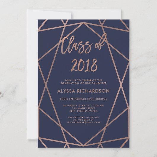 Roos Gold Geometric op Navy Blue Graduation Party Kaart (Voorkant)
