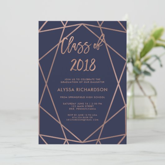Roos Gold Geometric op Navy Blue Graduation Party Kaart (Staand voorkant)