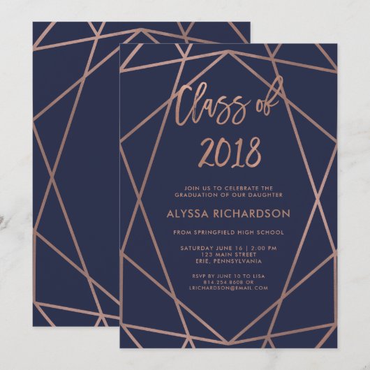 Roos Gold Geometric op Navy Blue Graduation Party Kaart (Voorkant / Achterkant)