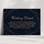 Roos Gold Geometrische Midnight Blue bruiloft Deta Informatiekaartje
