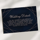 Roos Gold Geometrische Midnight Blue bruiloft Deta Informatiekaartje