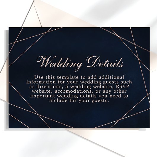 Roos Gold Geometrische Midnight Blue bruiloft Deta Informatiekaartje