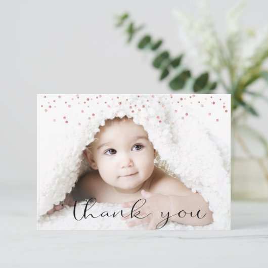 Roos Gold GIRL Baby shower DANK U Foto + Tekst Bedankkaart (Staand voorkant)