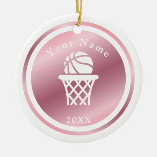 Roos Gold Girls Basketball Thema Name & Year Pink Keramisch Ornament (Voorkant)