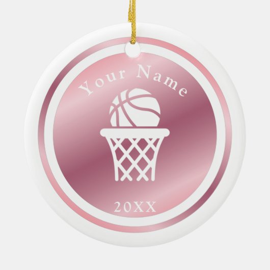 Roos Gold Girls Basketball Thema Name & Year Pink Keramisch Ornament (Achterkant)