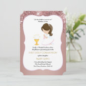 Roos Gold Girls Floral Eerste Heilige Communie Inv Kaart (Staand voorkant)