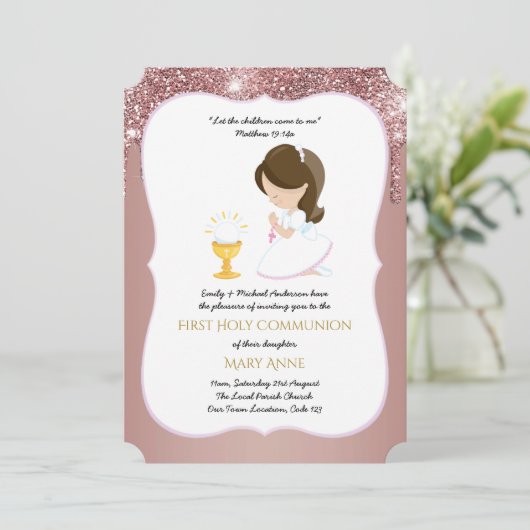 Roos Gold Girls Floral Eerste Heilige Communie Inv Kaart (Staand voorkant)