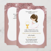 Roos Gold Girls Floral Eerste Heilige Communie Inv Kaart (Voorkant / Achterkant)