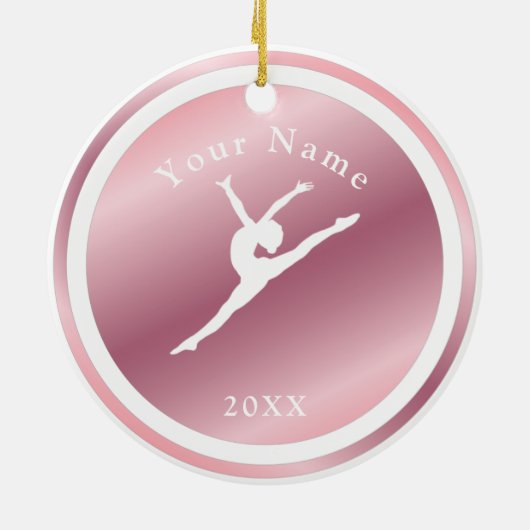 Roos Gold Girls Gymnastiek Theme Name & Year Pink Keramisch Ornament (Achterkant)