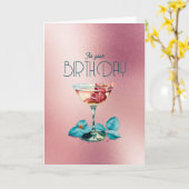 Roos Gold Girly Champagne Cocktail Birthday Kaart (Gele Bloem)