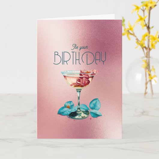 Roos Gold Girly Champagne Cocktail Birthday Kaart (Gele Bloem)