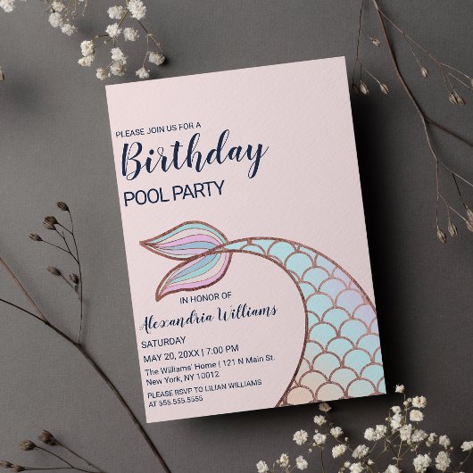 Roos Gold Girly Pink Mermaid Tail Pool Uitnodiging Briefkaart