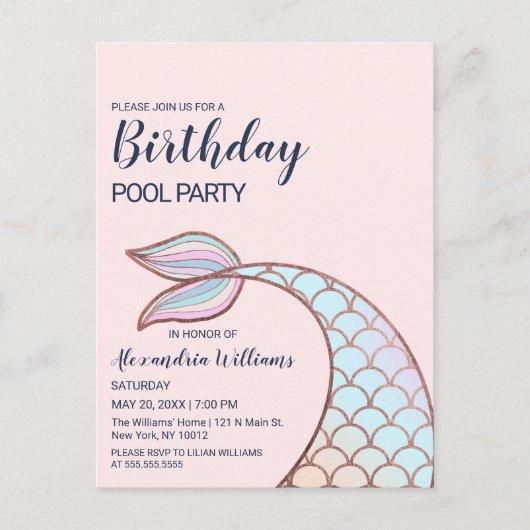 Roos Gold Girly Pink Mermaid Tail Pool Uitnodiging Briefkaart (Voorkant)