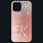 Roos Gold  Girly Silver Glitter Sparkly iPhone 12 Pro Max Hoesje<br><div class="desc">Pas dit trendy chassis met  zilveren mousserende glitter eenvoudig aan op een roos gouden geborstelde metalen achtergrond.</div>