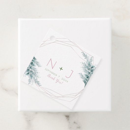 Roos Gold Glam Geometric Botanical Weddenschap Bedankjes Labels (In situ)