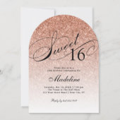 Roos Gold Glam Glitter Arched Sweet 16 Invitation Kaart (Voorkant)