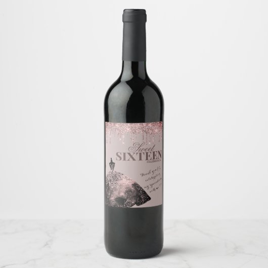 Roos Gold Glam Glitter Spark Sweet 16 Birthday Wijn Etiket (Voorkant)