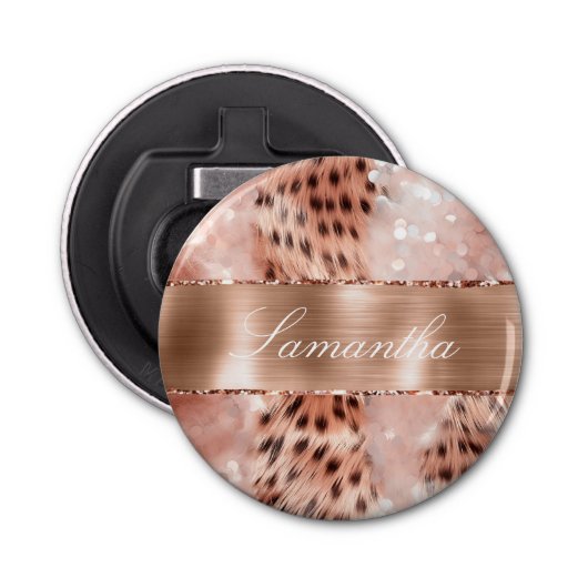 Roos Gold Glam Leopard Glitter Button Flesopener (Voorkant)