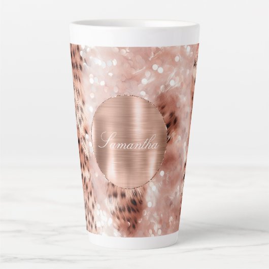 Roos Gold Glam Leopard Glitter Gepersonaliseerd Latte Mok (Voorkant)