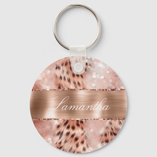 Roos Gold Glam Leopard Glitter Sleutelhanger (Voorkant)