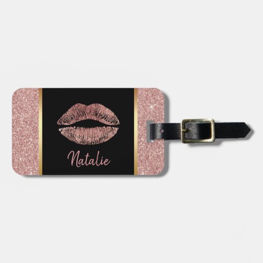 Roos Gold Glam Lips met naam Modern Glitter Bagagelabel (Voorkant horizontaal)