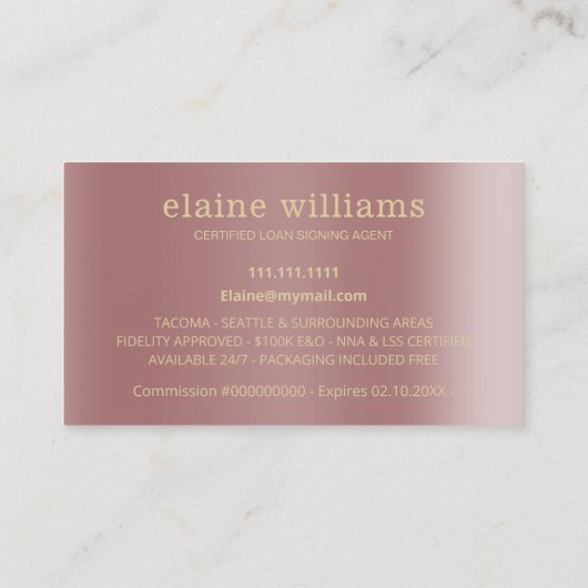 Roos Gold Glam Notional Loan Signing Agent Visitekaartje (Achterkant)