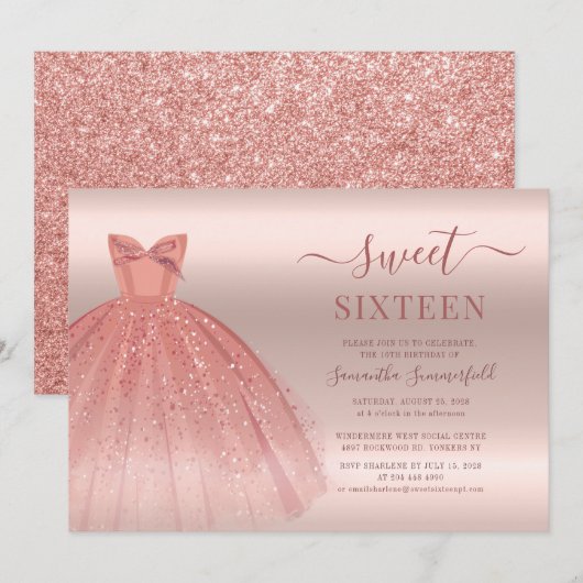 Roos Gold Glam Sweet 16 Birthday Script Kaart (Voorkant / Achterkant)