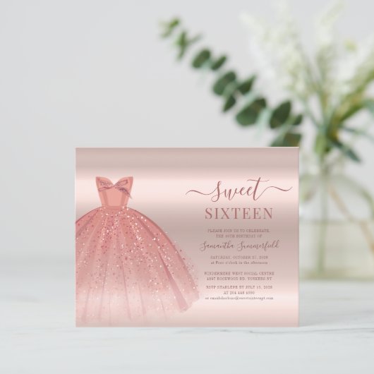 Roos Gold Glam Sweet 16 Modern Script Invitation (Staand voorkant)