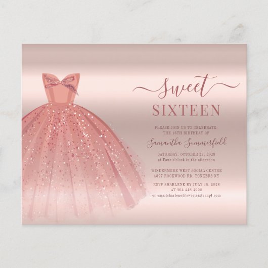 Roos Gold Glam Sweet 16 Modern Script Invitation (Voorkant)