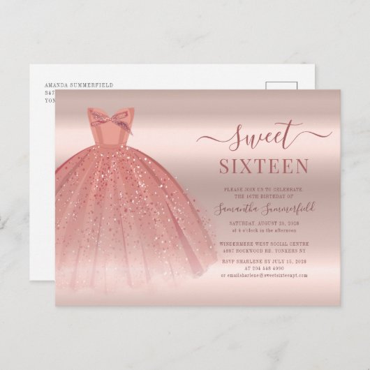 Roos Gold Glam Sweet 16 modern script Uitnodiging Briefkaart (Voorkant / Achterkant)