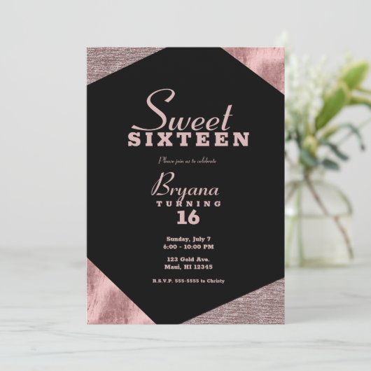 Roos Gold Glamor Geometric Modern Sweet 16 Party Kaart (Staand voorkant)