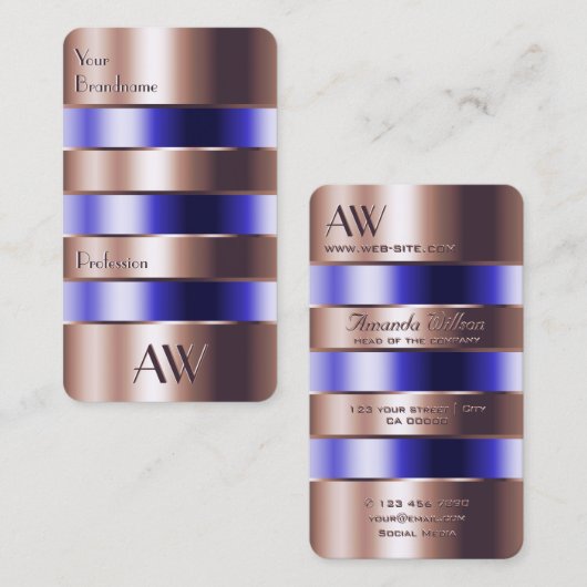 Roos Gold Glass Optics Blue Faux 3D Letters Visitekaartje (Voorkant / Achterkant)