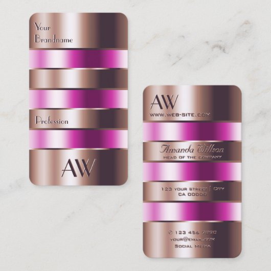 Roos Gold Glass Pink Fluids Faux 3D Initialen Visitekaartje (Voorkant / Achterkant)