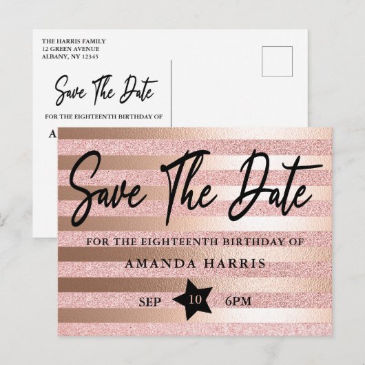 Roos Gold Glitter 18th Birthday Save the Date Briefkaart (Voorkant / Achterkant)