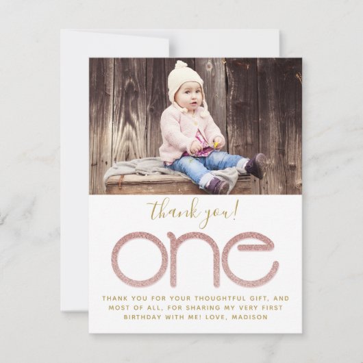 Roos Gold Glitter 1e Verjaardag Dank je kaart (Voorkant)