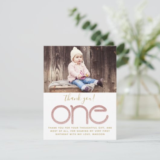 Roos Gold Glitter 1e Verjaardag Dank je kaart (Staand voorkant)