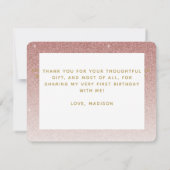 Roos Gold Glitter 1e Verjaardag Dank je kaart (Achterkant)